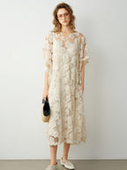 audreyyang Comfortable Polyester Insta Loose Fit V-neck Short Sleeve A Line Maxi Dresses