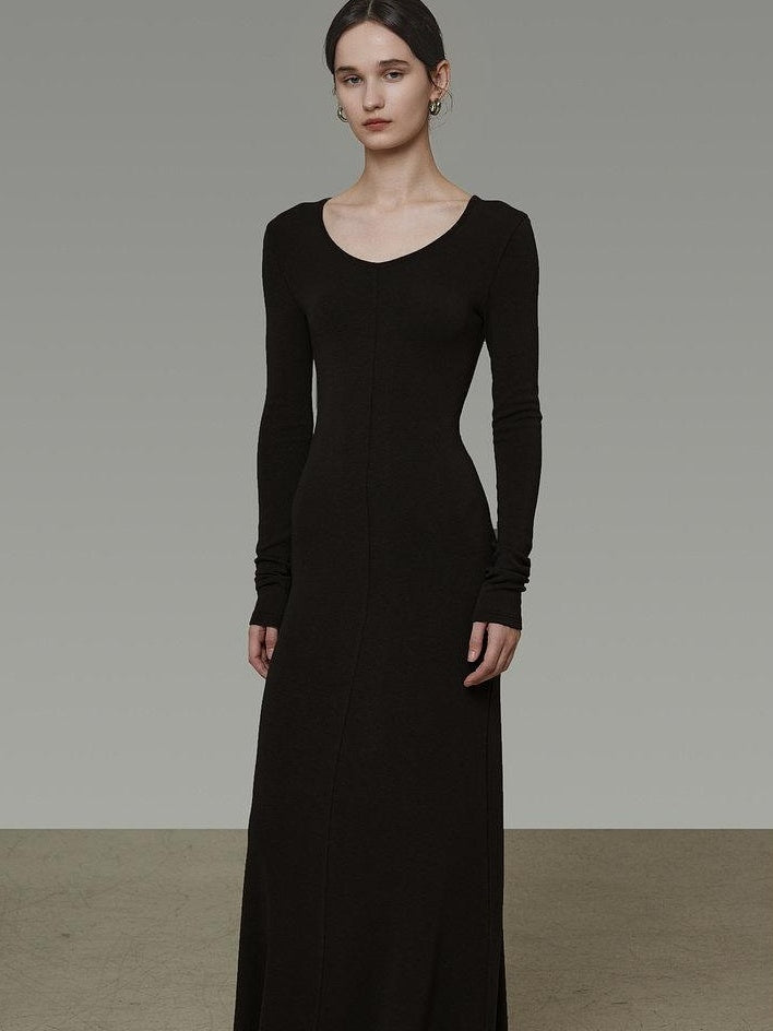 unspoken Breathable Minimalist High Waist Aline Knit Long Sleeve Women Black Maxi Dresses