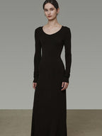 unspoken Breathable Minimalist High Waist Aline Knit Long Sleeve Women Black Maxi Dresses