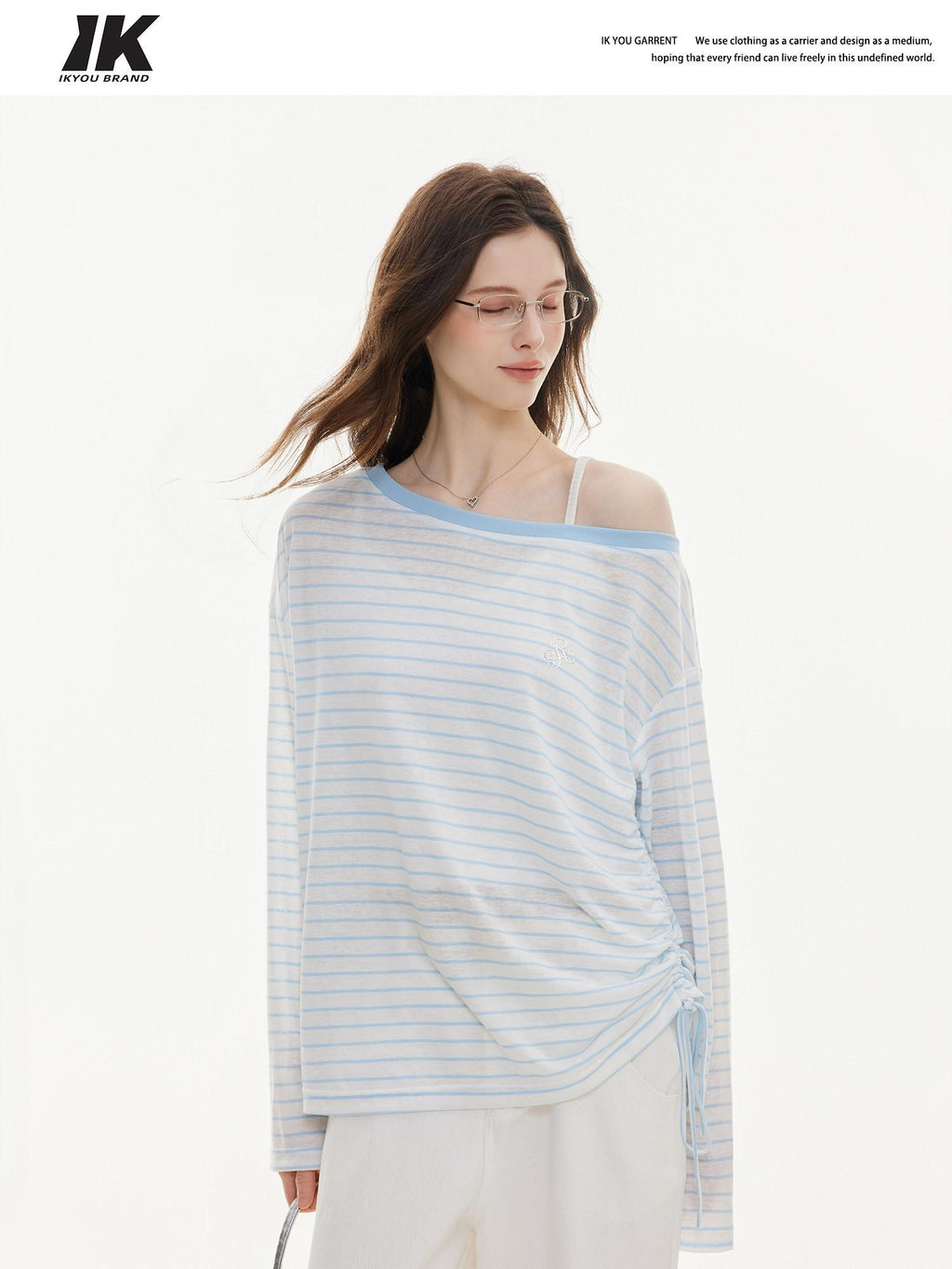 ikyou Cooling Lyocell Loose Embroidered Women Blue Striped Long Sleeve T-Shirts
