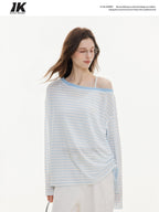 ikyou Cooling Lyocell Loose Embroidered Women Blue Striped Long Sleeve T-Shirts