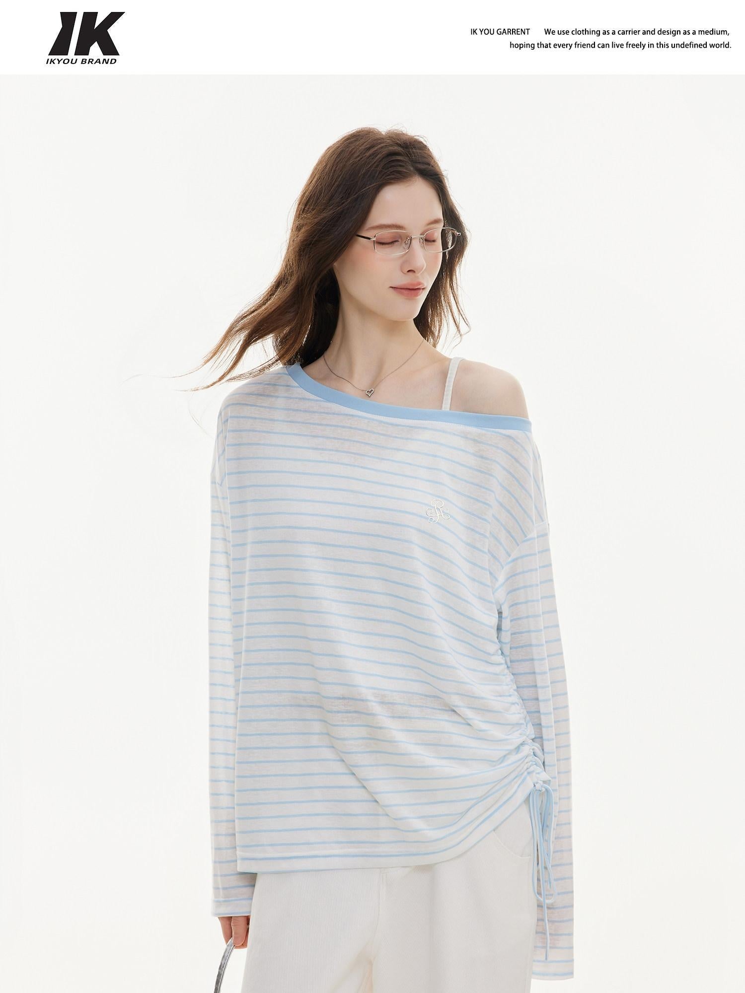 ikyou Cooling Lyocell Loose Embroidered Women Blue Striped Long Sleeve T-Shirts