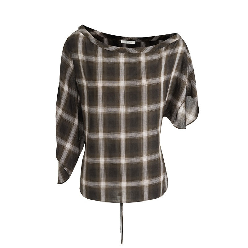unspoken_Breathable_Viscose_Slim_Asymmetric_Slant_Neck_Green_Plaid_Off_Shoulder_Crop_Tops_MISSTT