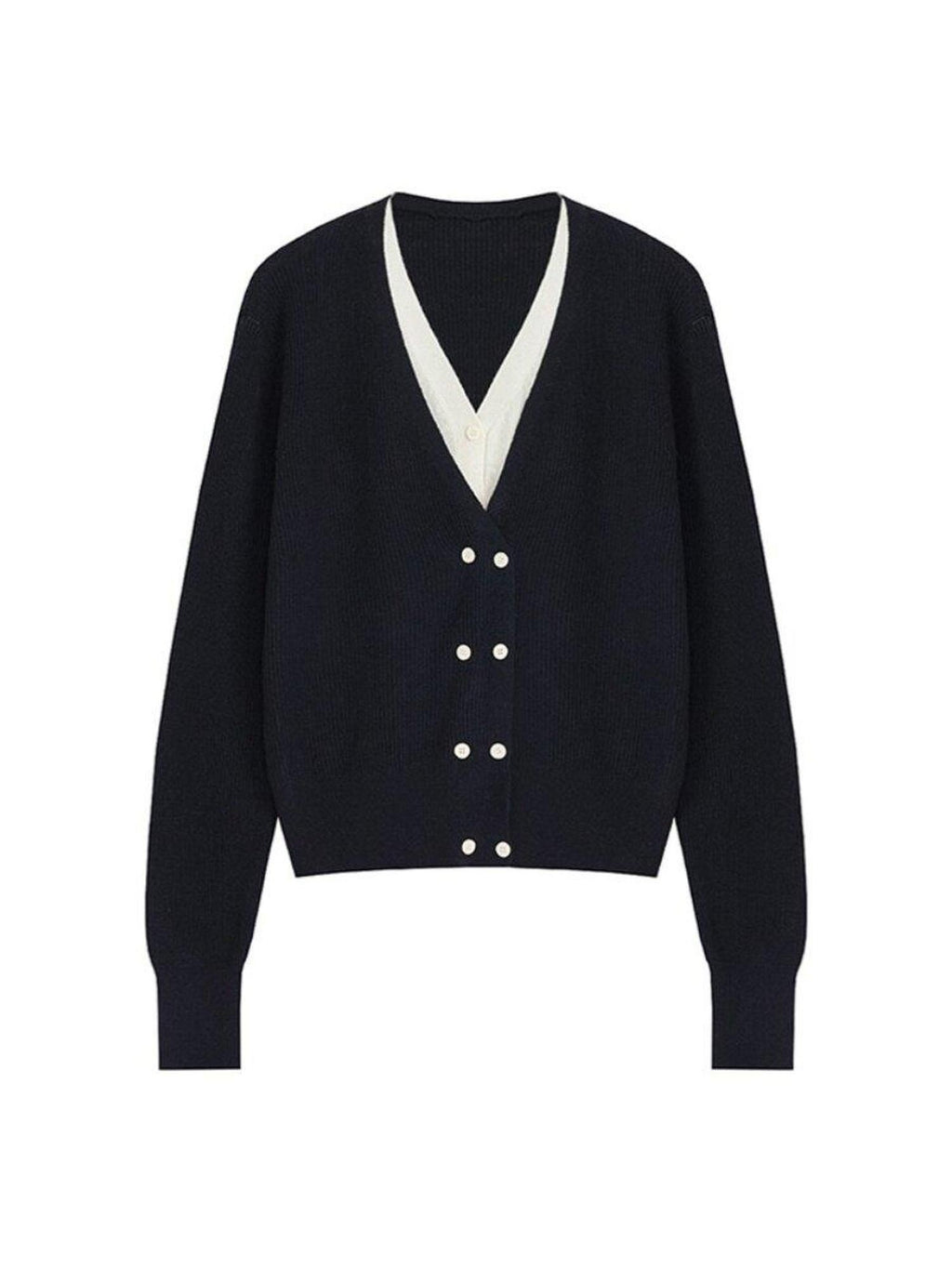 unspoken Minimal Commuter V-neck Button Loose Fit Cardigan Women Gray Colorblock Sweaters