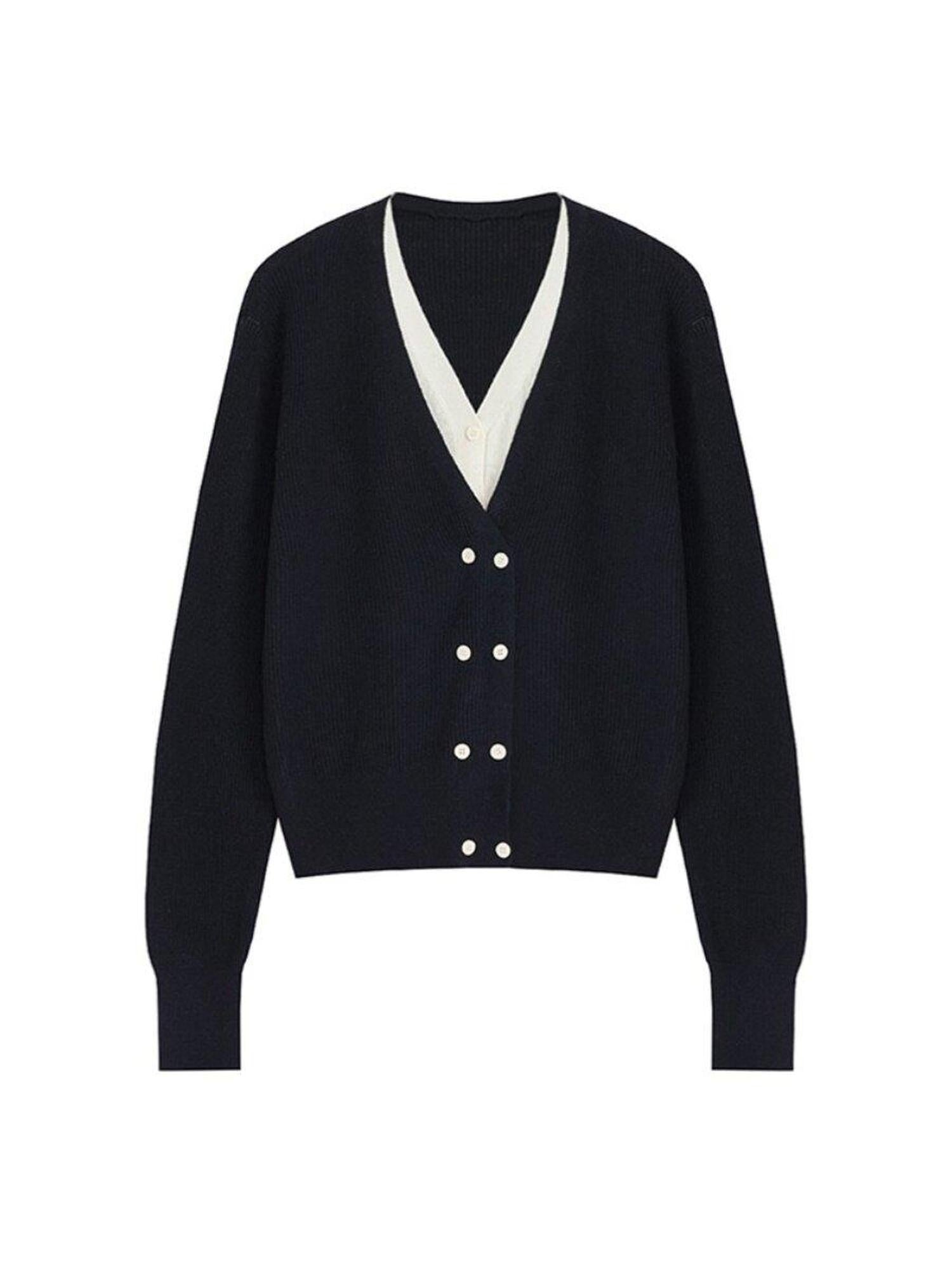 unspoken Minimal Commuter V-neck Button Loose Fit Cardigan Women Gray Colorblock Sweaters