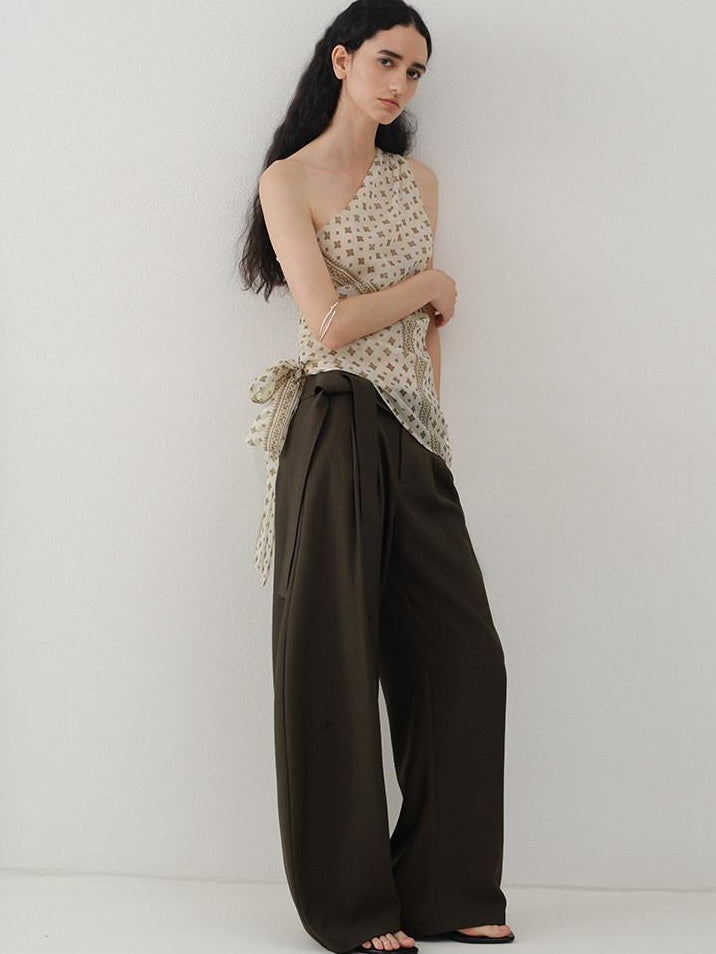 someonesometimes Ruched Asymmetrical Tie One Shoulder Workwear Floral Polyester Beige Tube Tops