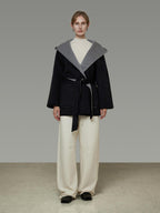 unspoken Minimal Commute Relaxed Fit Hooded Tie Waist Sculpted Cut Black Gray Wool Coats