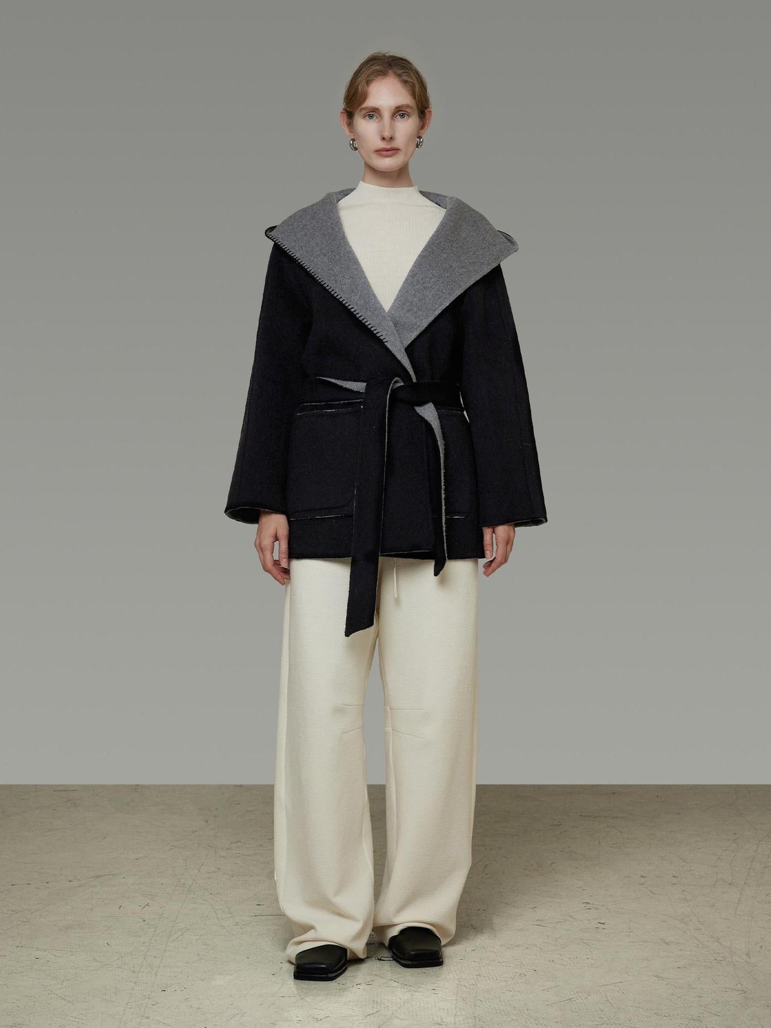 unspoken Minimal Commute Relaxed Fit Hooded Tie Waist Sculpted Cut Black Gray Wool Coats