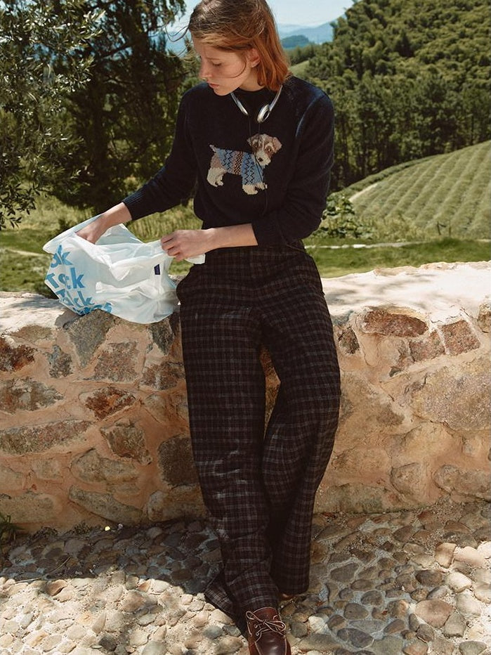 fano Wool Blend Plaid Relaxed Natural Waist Elastic Pocket Women Straight Pants