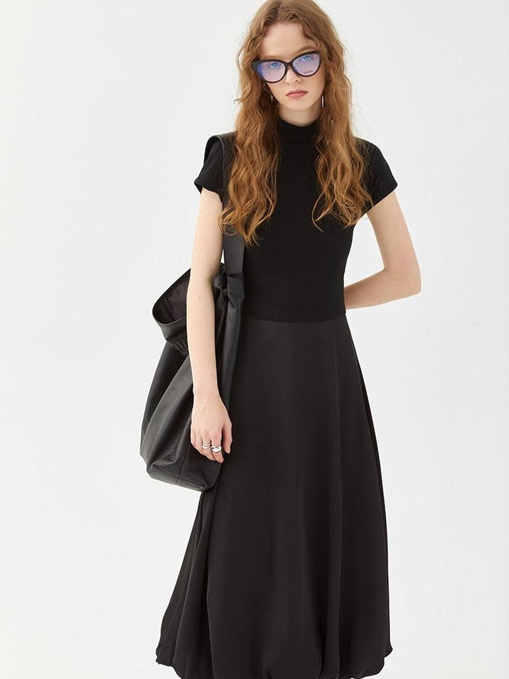fano High Waist Minimalist Office A Line Short Sleeve Mock Neck Black Midi Dresses