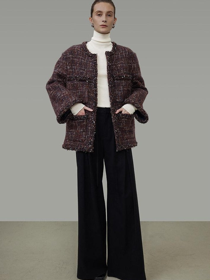 unspoken Warm Wool Blend Button Front Round Neck Relaxed Fit Office Women Short Coat