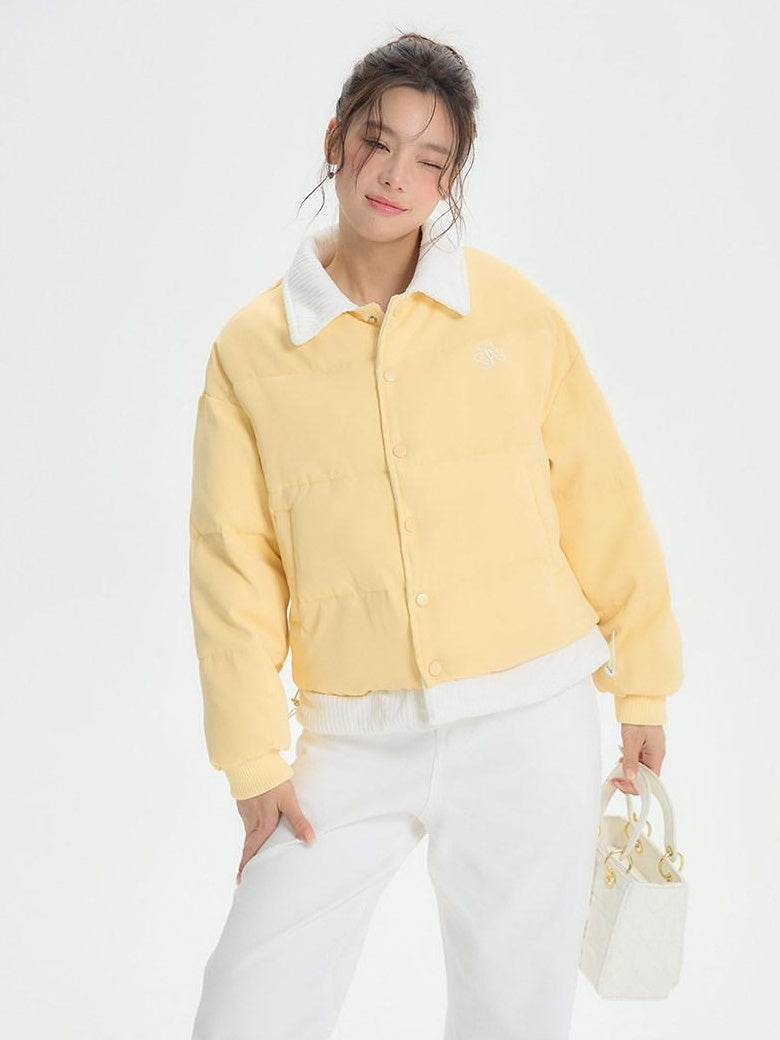 ikyou Thick Embroidered Patchwork Minimal Straight Crop Polo Yellow Puffer Jackets
