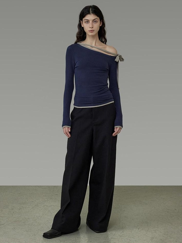 unspoken Tie Detail Slim Knit Pullover Asymmetrical Collar Office Viscose Blouses