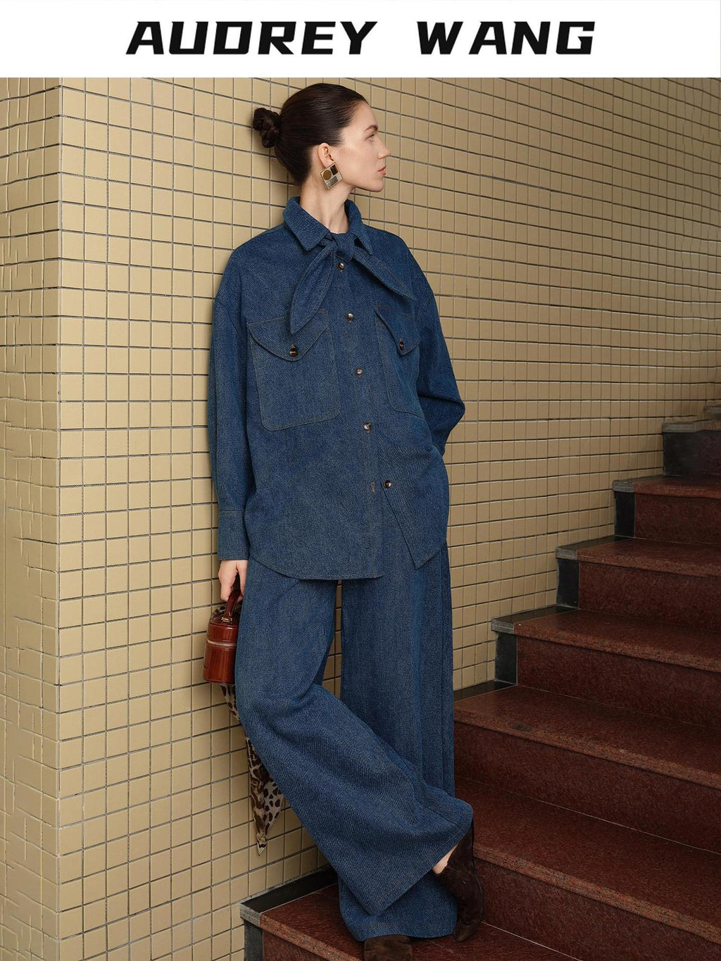 audreyyang Vintage Bow Loose Fit Cotton Lapel Patch Pocket Casual Women Denim Jackets