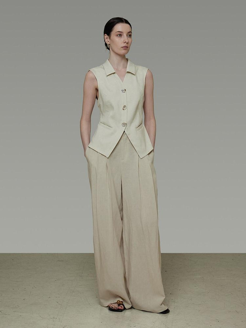 unspoken Breathable Polyester Linen Blend Loose Fit Button Front Office Women Vests