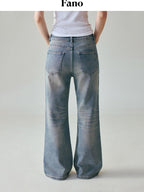 fano Vintage Blue Green Micro Stretch Natural Waist Relaxed Casual Straight Leg Jeans