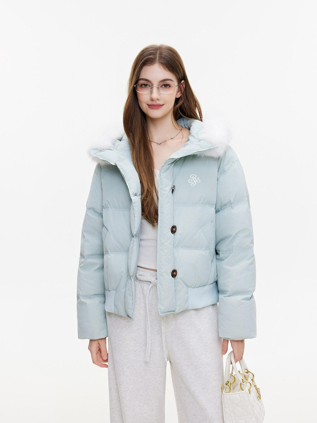 ikyou Warm Embroidered Detachable Hood Korean Loose Nylon Padded Teal Puffer Jackets