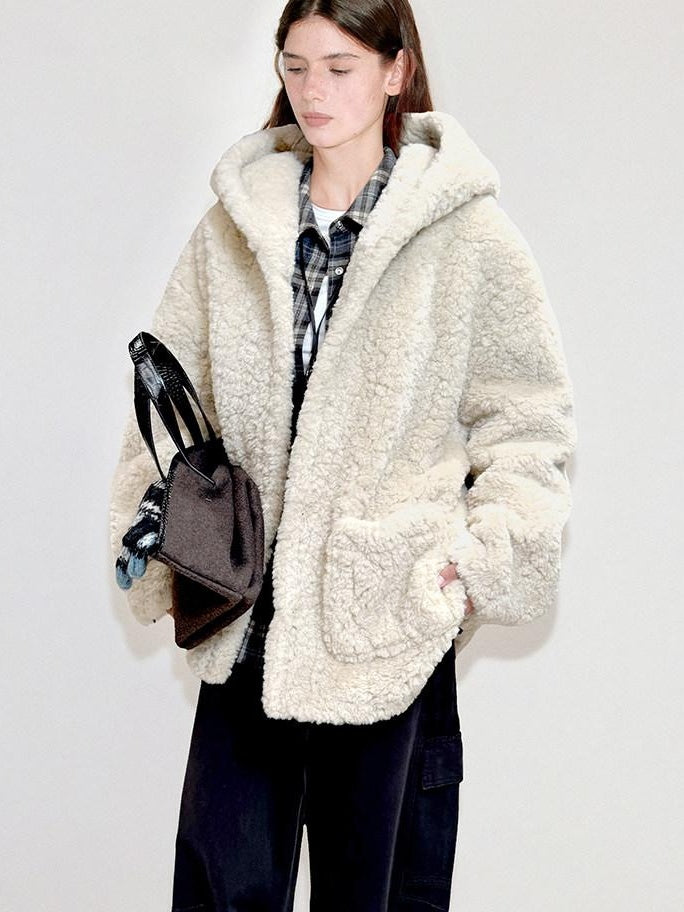 fano Warm Hooded Zip Closure Oversized Casual Boxy Fit Young Women Beige Short Coat