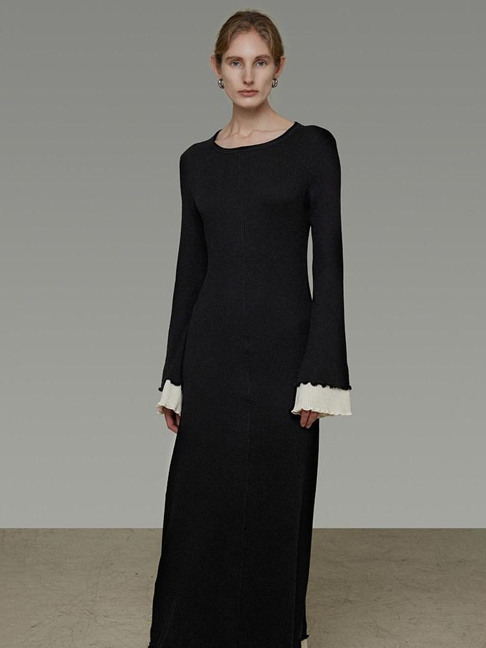 unspoken Slim Waist Colorblock Aline Knit Bell Sleeve Office Women Breathable Maxi Dresses