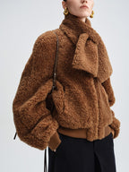 audreyyang Lambswool Trim Stand Collar Straight Short Zip Women Casual Bomber Jackets