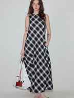 fano Plaid Korean Workwear A Line Asymmetric Sleeveless Round Neck Women Maxi Dresses