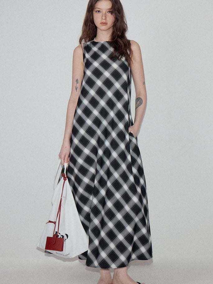 fano Plaid Korean Workwear A Line Asymmetric Sleeveless Round Neck Women Maxi Dresses