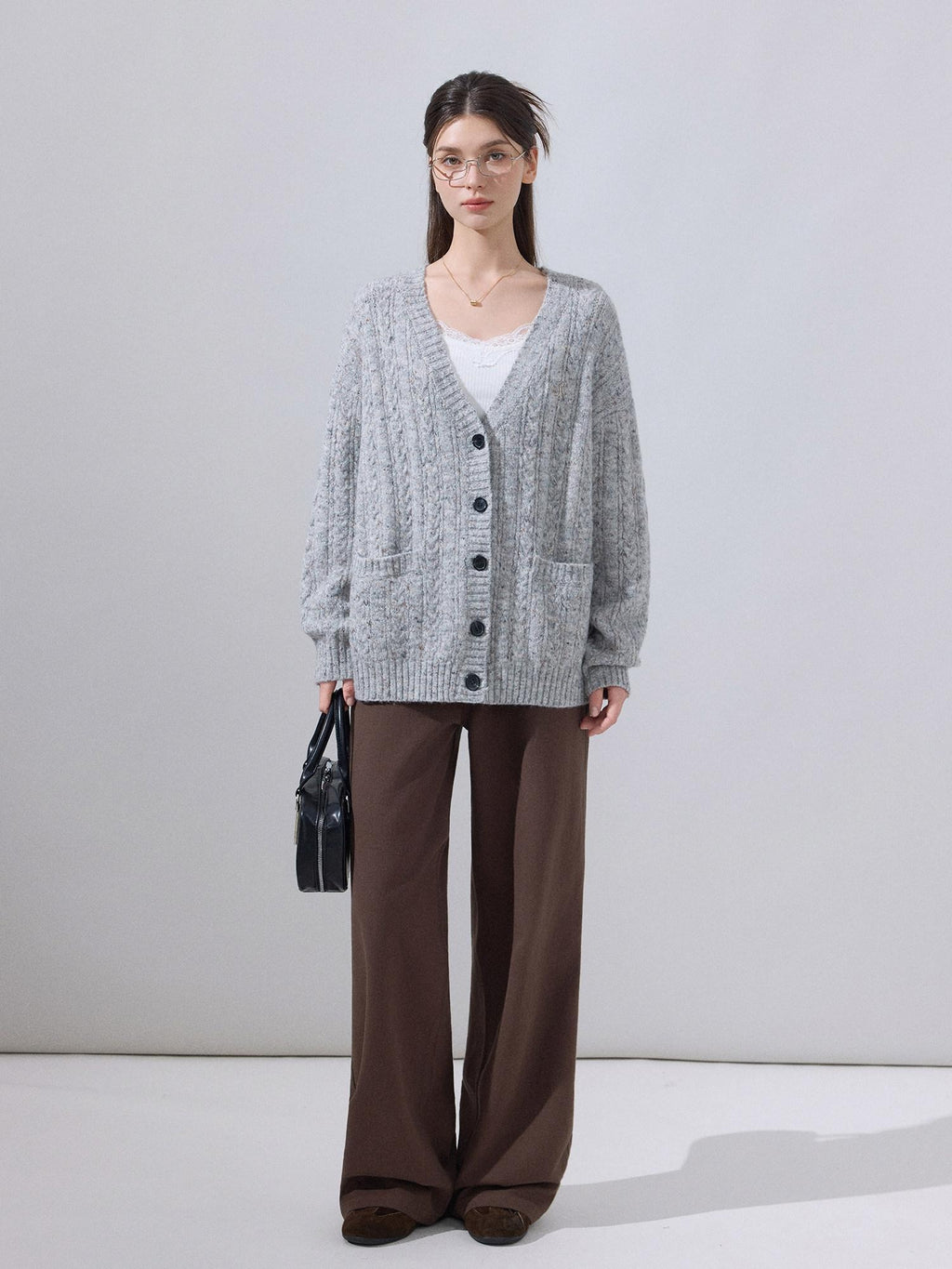 ikyou Soft Breathable Slouchy Loose V-neck Long Sleeve Gray Knit Casual Women Cardigans