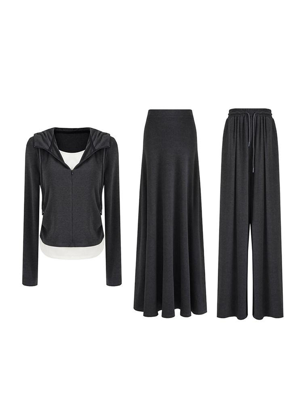 unspoken Soft Viscose Two Piece Hooded Zip Up Loose Minimal Female Deep Gray Lounge Sets