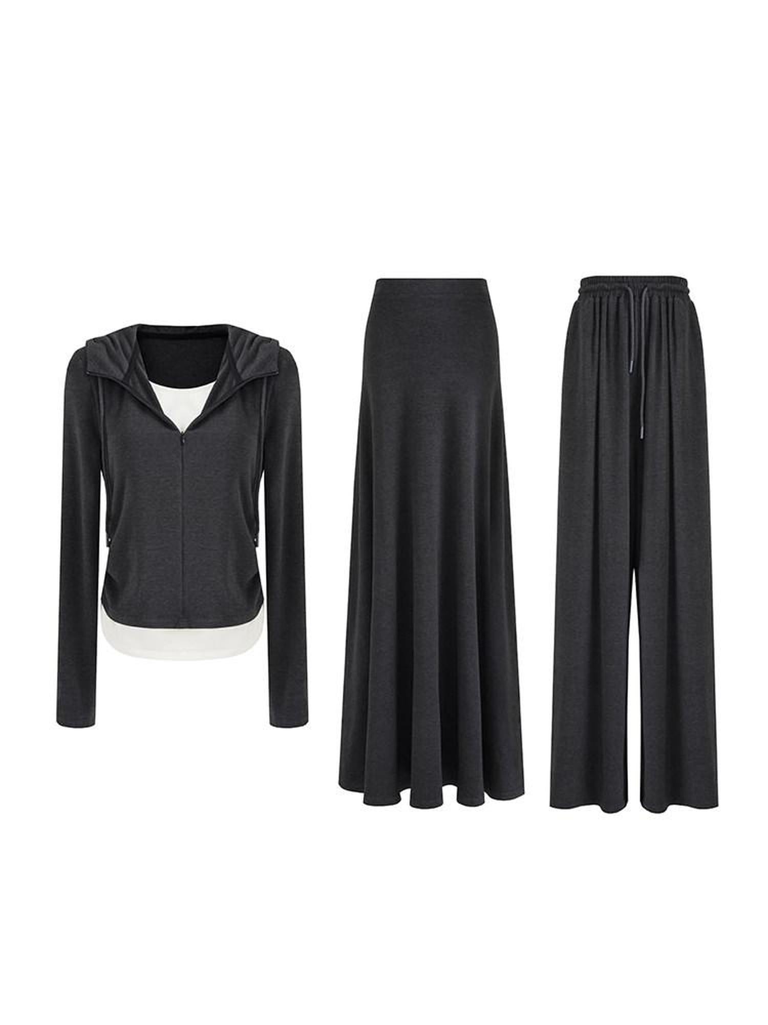 unspoken Soft Viscose Two Piece Hooded Zip Up Loose Minimal Female Deep Gray Lounge Sets