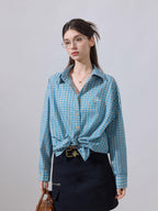 ikyou Embroidered Plaid Breathable Loose Collared Cardigan Button Front Women Shirts