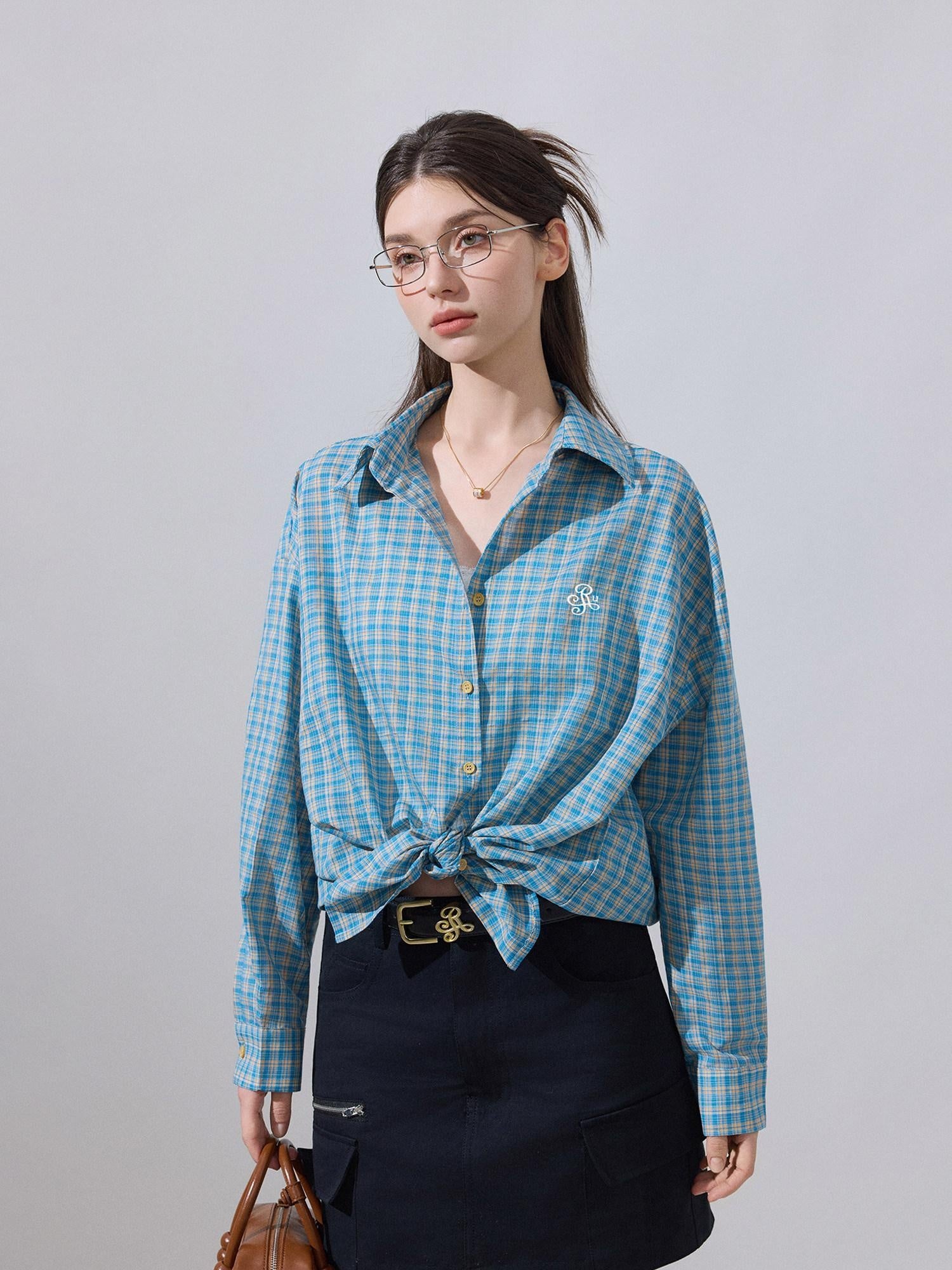 ikyou Embroidered Plaid Breathable Loose Collared Cardigan Button Front Women Shirts
