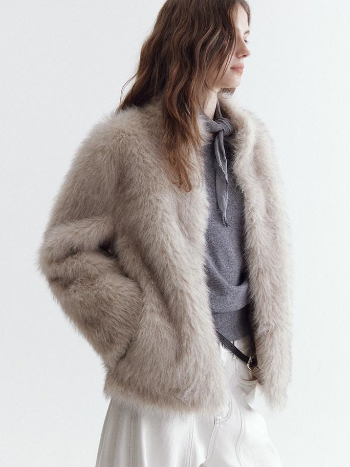 fano Warm Faux Fur Lined Oversized Stand Collar Casual Women Grey Apricot Short Coat