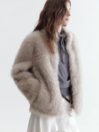 fano Warm Faux Fur Lined Oversized Stand Collar Casual Women Grey Apricot Short Coat