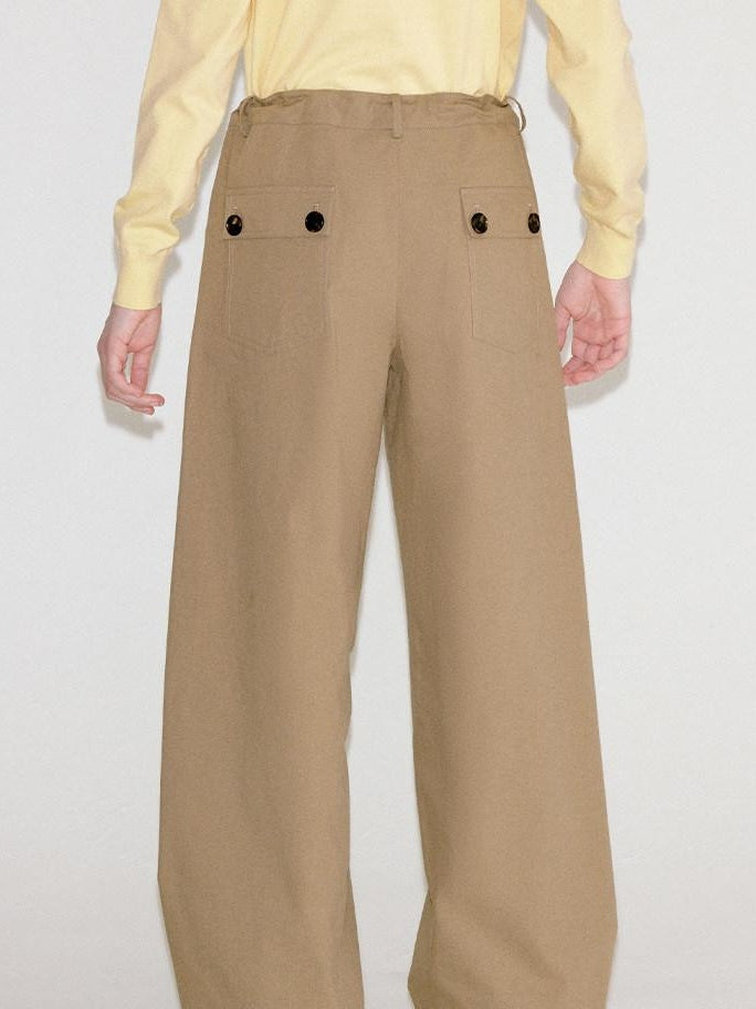 fano Cotton Elastic Waist Pocket Korean Workwear Women Khaki Straight Pants