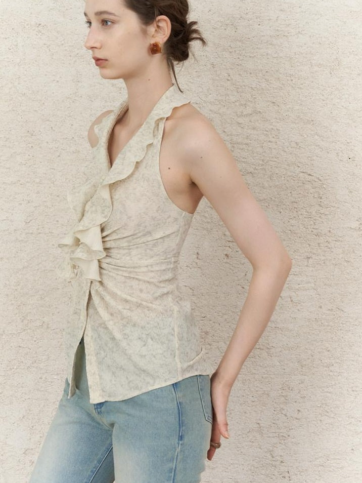 someonesometimes Ruffle Halter Slim Fit Cropped Solid Almond Stretch Tank Tops