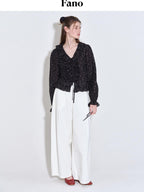 fano Shape Retaining Lyocell Korean Slim Fit V-neck Long Sleeve Polka Dot Blouses