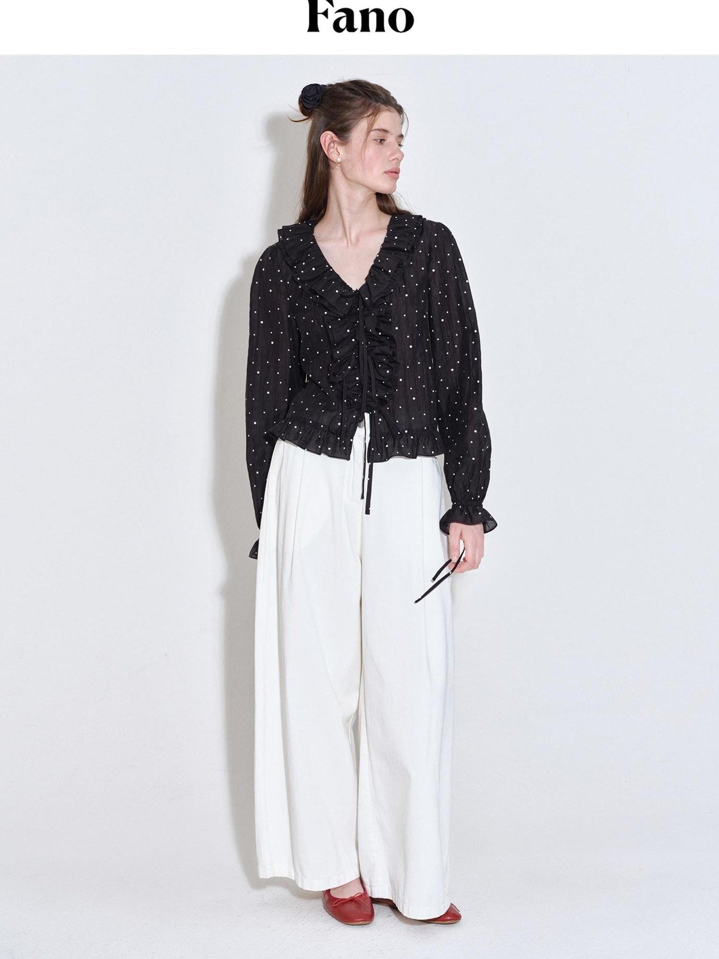 fano Shape Retaining Lyocell Korean Slim Fit V-neck Long Sleeve Polka Dot Blouses