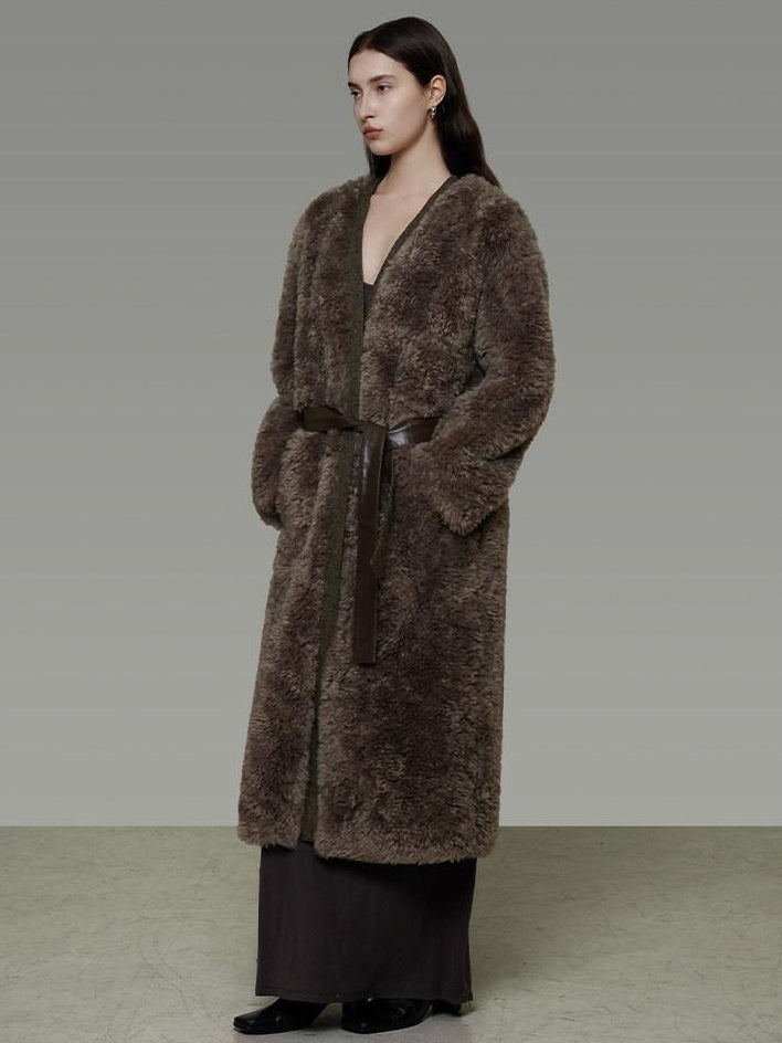 unspoken Warm Belted V-neck Loose Fit Commuter Women Brown Gray Long Coats