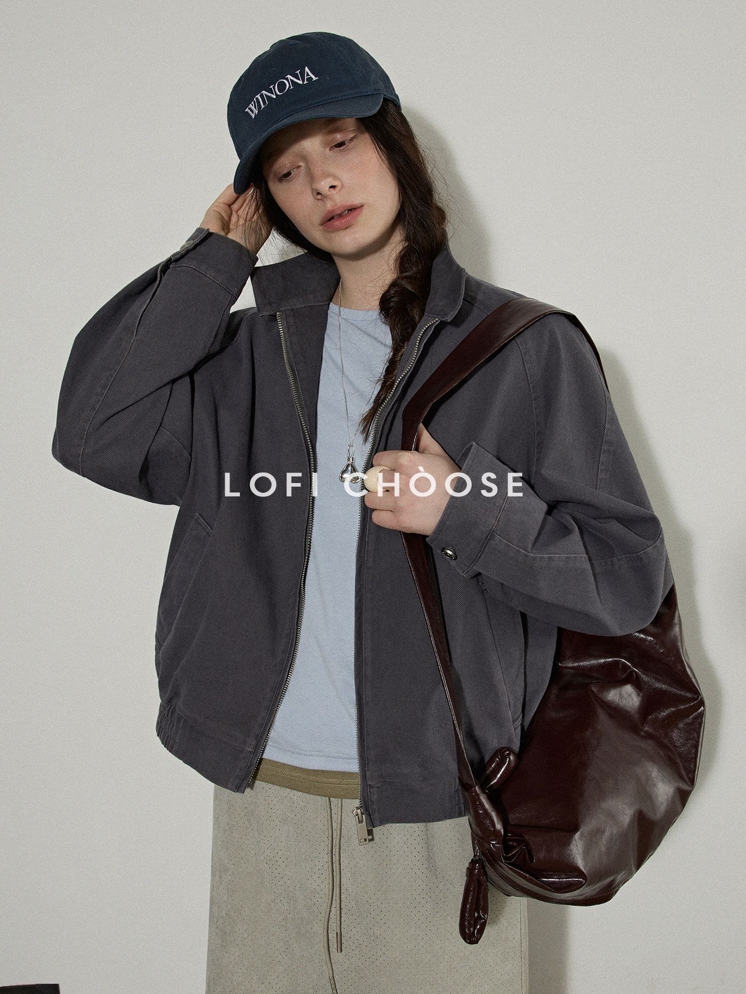 Lofi choose Soft Oversized Loose Fit Round Neck Women Blue Brown Long Sleeve T-Shirts