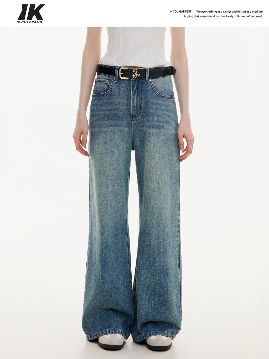 ikyou Washed Distressed Loose Casual Natural Waist Denim Blue Everyday Wide Leg Jeans
