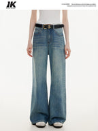 ikyou Washed Distressed Loose Casual Natural Waist Denim Blue Everyday Wide Leg Jeans