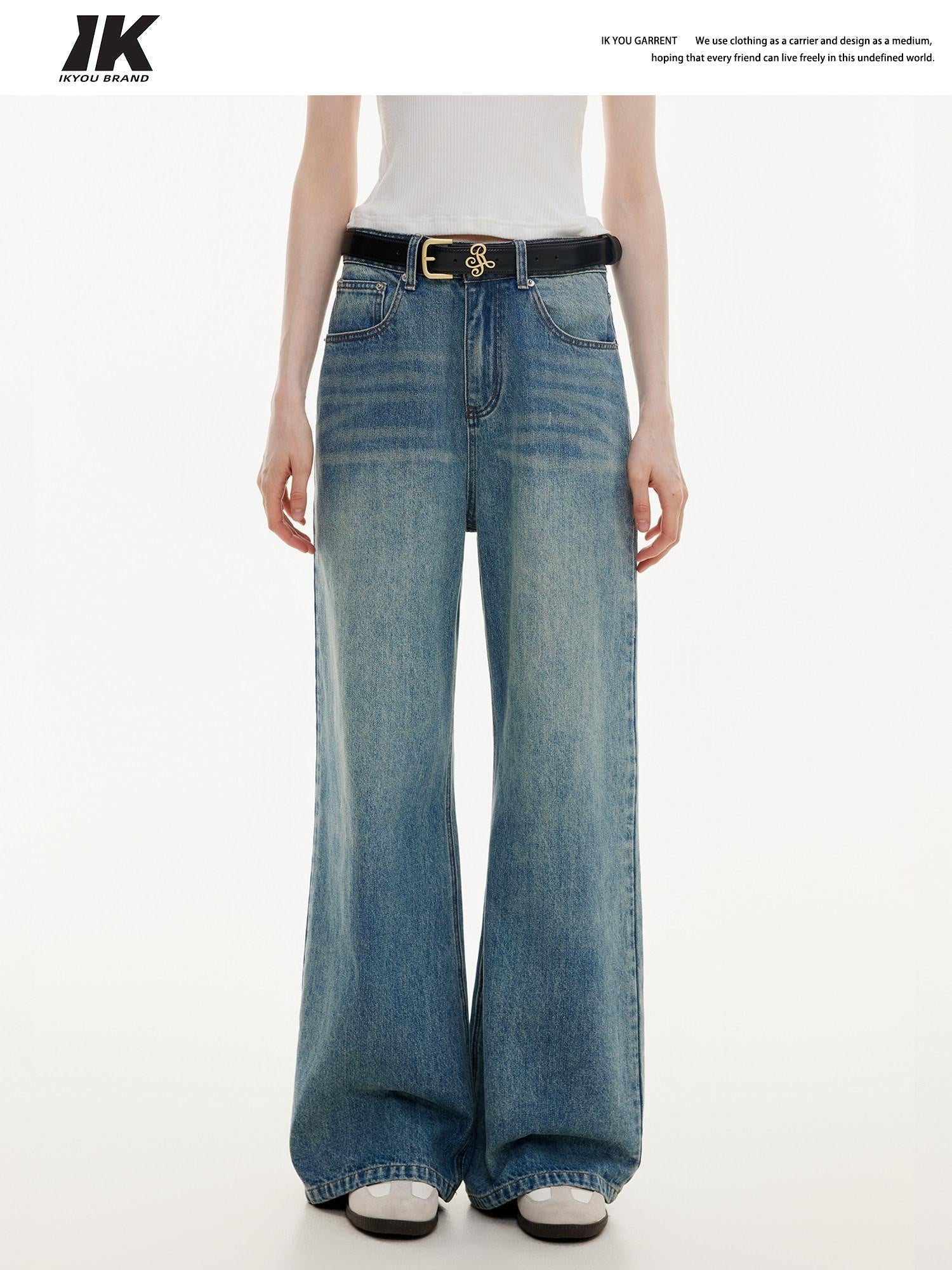 ikyou Washed Distressed Loose Casual Natural Waist Denim Blue Everyday Wide Leg Jeans