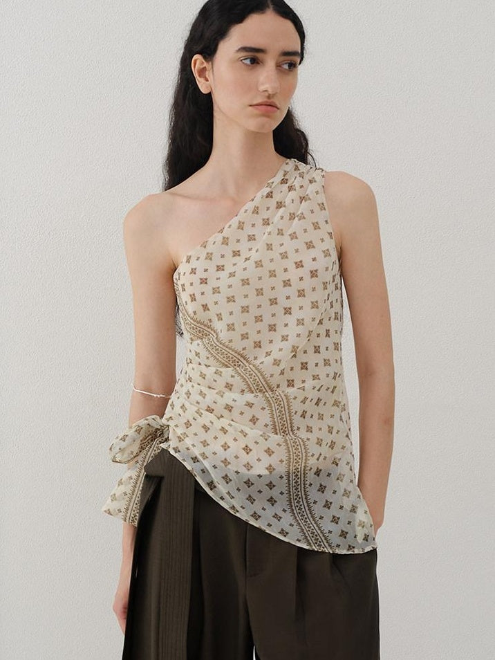 someonesometimes Ruched Asymmetrical Tie One Shoulder Workwear Floral Polyester Beige Tube Tops