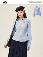 ikyou Embroidered Slim Commuter Square Neck Striped Long Sleeve Cotton Blend Shirts