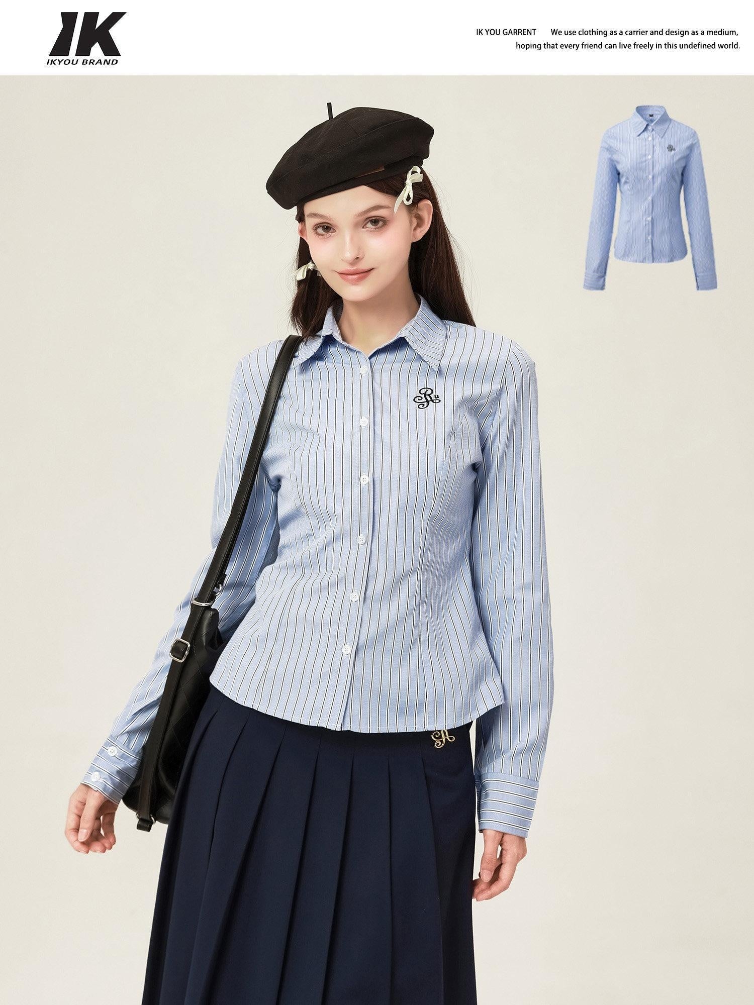 ikyou Embroidered Slim Commuter Square Neck Striped Long Sleeve Cotton Blend Shirts