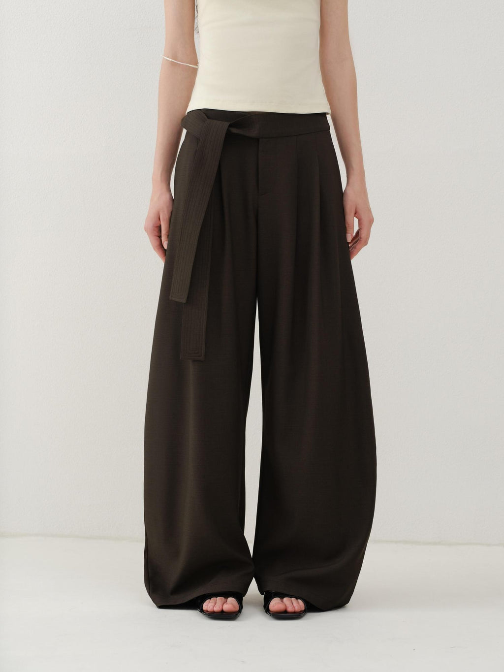 someonesometimes Minimalist Work Natural Waist Button Tea Brown Stretch Wide Leg Pants
