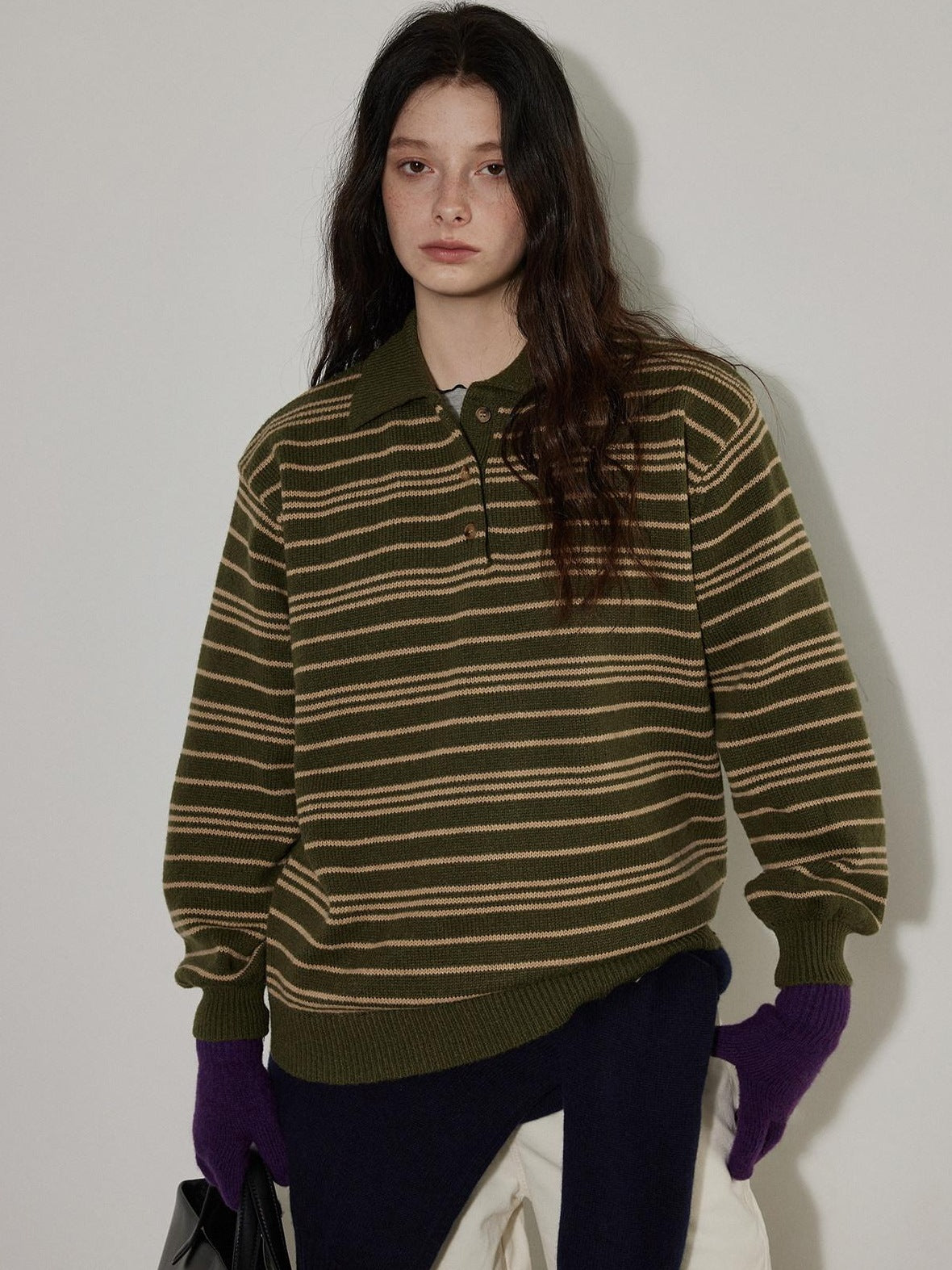 Lofi choose Cozy Striped Polo Collar Loose Fit Knit Pullover Workwear Acrylic Sweaters