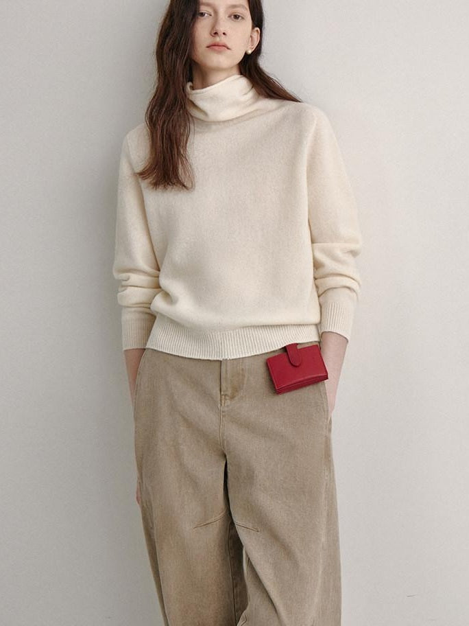fano 100 Percent Wool High Neck Straight Minimalist Commuter Women Pullover Sweaters