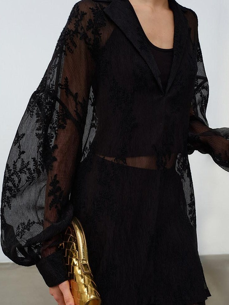 audreyyang Chic Two Piece Polyester V-neck Long Sleeve Set Women Black White Wide Leg Pants