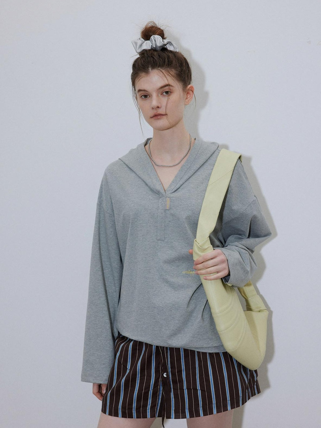 Lofi choose Cozy Loose Fit V-neck Hooded Commuter Style Women Green Gray Hoodie